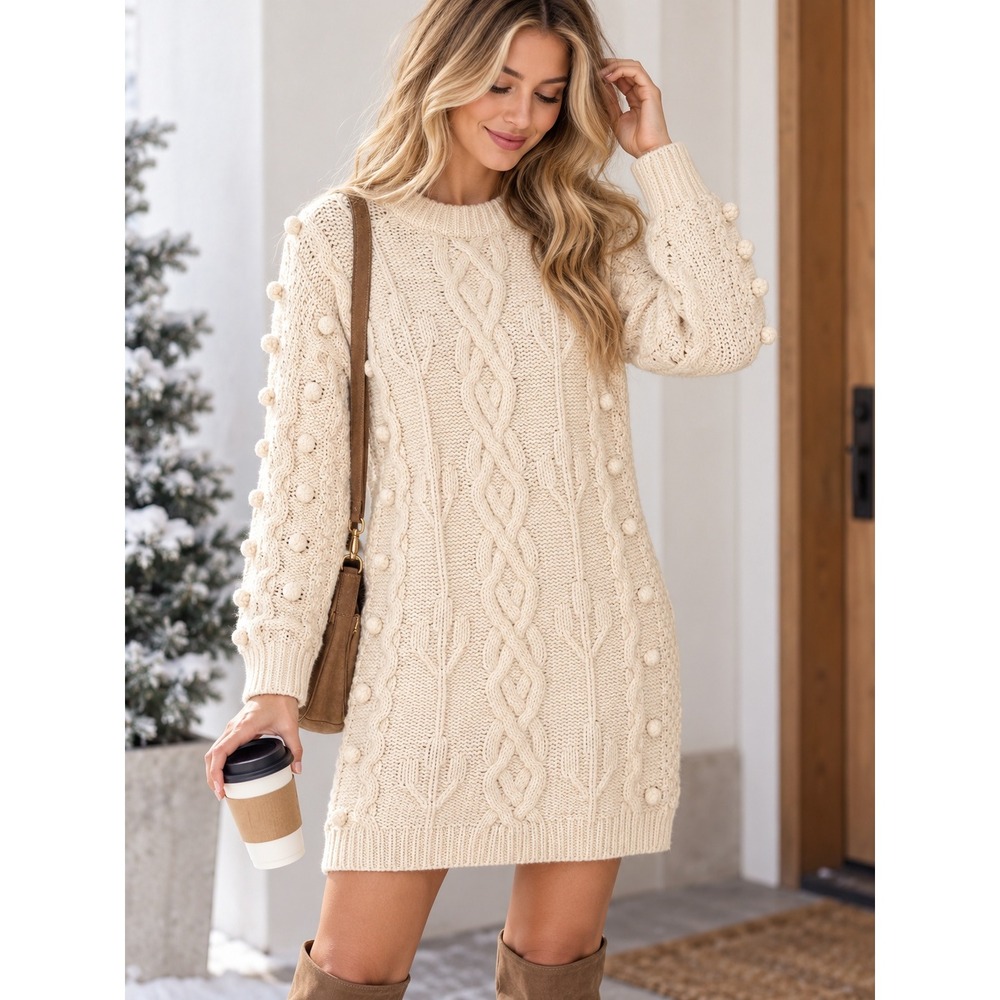 Petal + Pup Cream Cable Knit Pom Pom Bobble Sweater Dress US 4